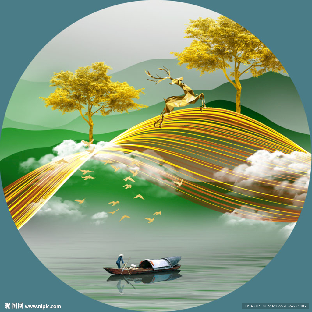 水彩湖畔美景圆形挂画装饰画