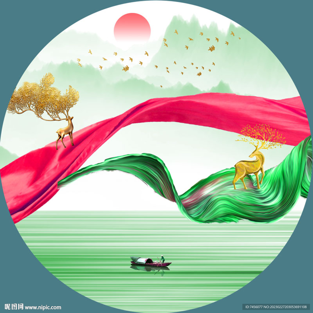 麋鹿湖畔水彩圆形挂画装饰画