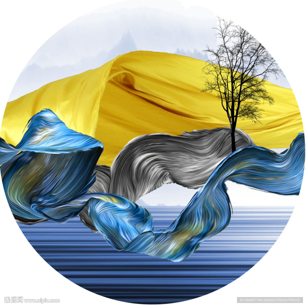 简约树绸布水彩圆形挂画装饰画