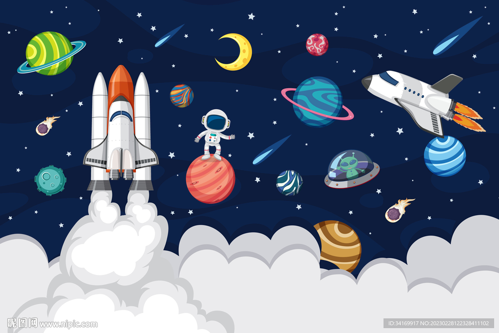 卡通宇航员火箭宇宙星球太空背景