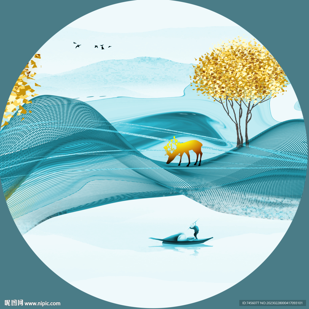 水墨湖畔水彩树圆形挂画装饰画