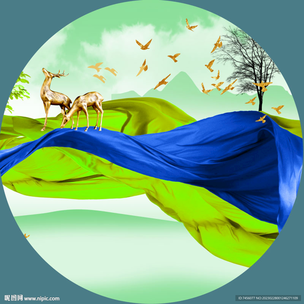 飞鸟麋鹿绸布湖畔圆形挂画装饰画