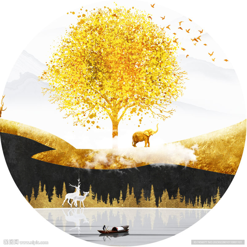 发财树湖畔水墨圆形挂画装饰画