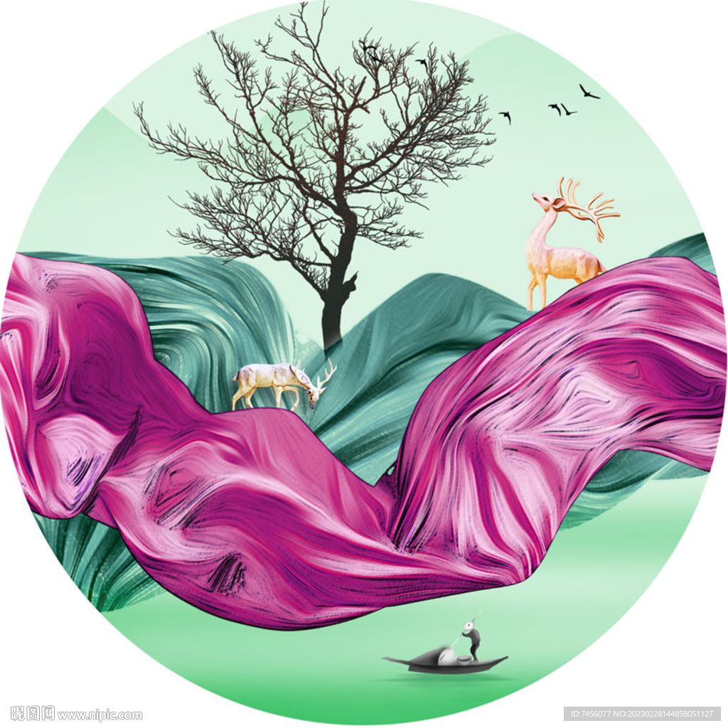 水彩绸布麋鹿湖畔圆形挂画装饰画