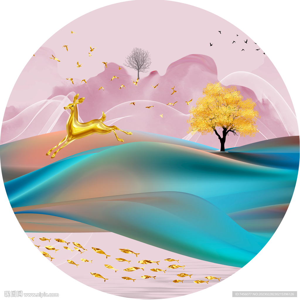 湖畔游鱼麋鹿圆形挂画装饰画