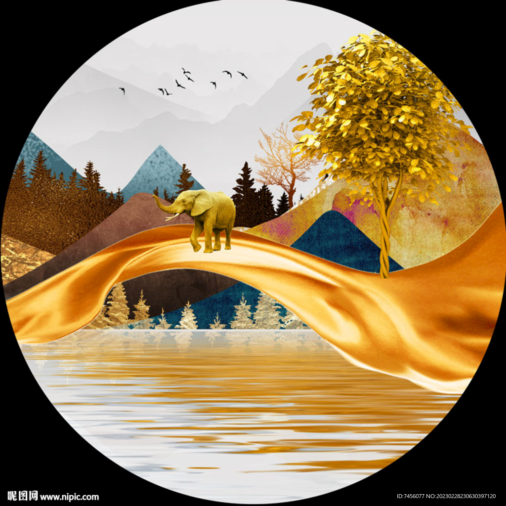 湖畔发财树绸布圆形挂画装饰画