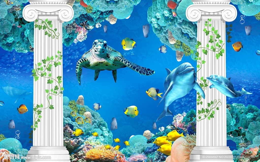 3D海底世界鱼群罗马柱背景墙