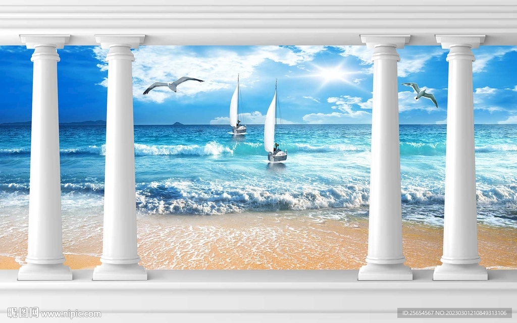 柱子沙滩海景3D电视背景墙
