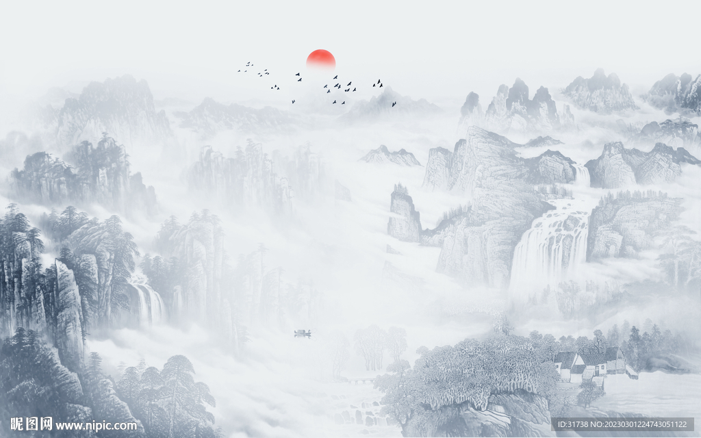 意境国画山水电视背景墙