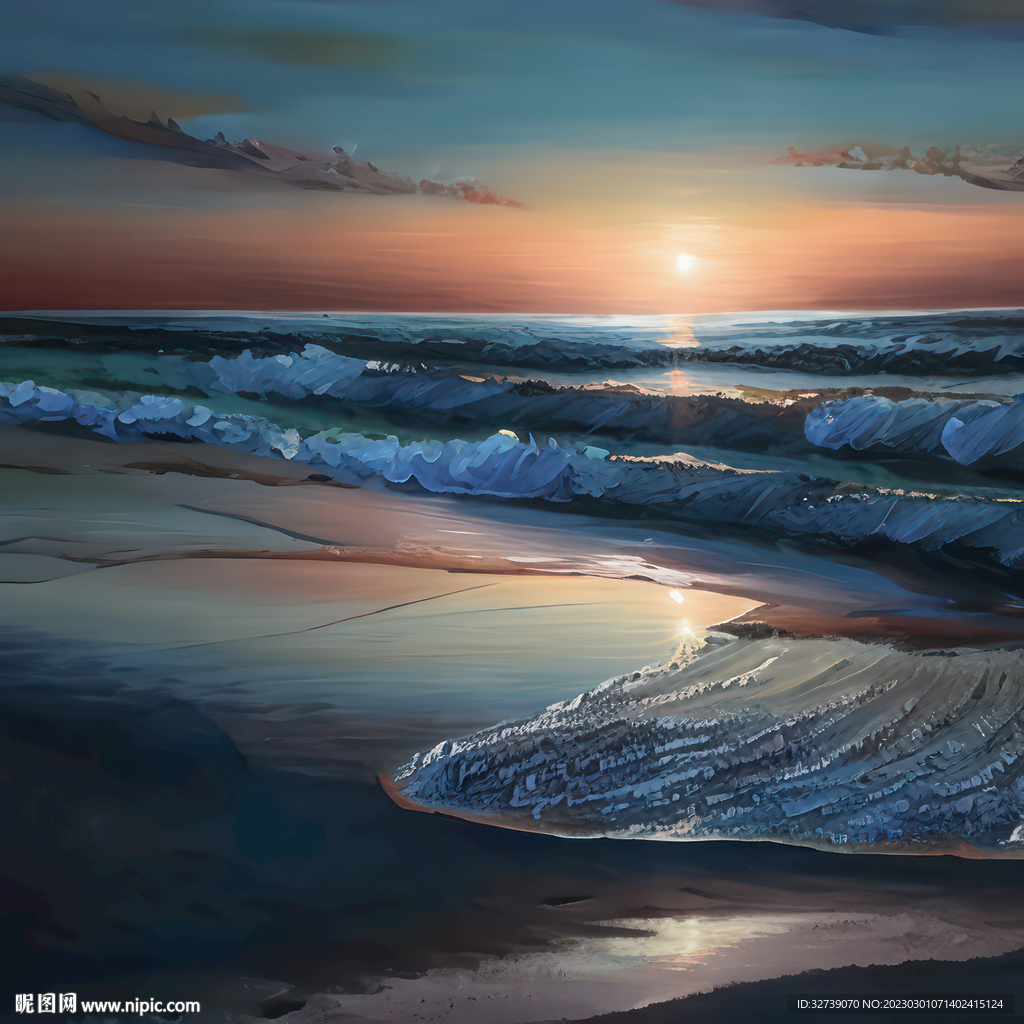 油画 海滩日落