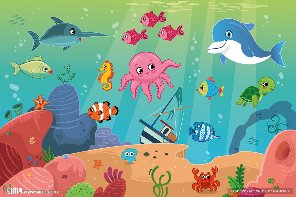卡通海豚珊瑚热带鱼海洋动物背景