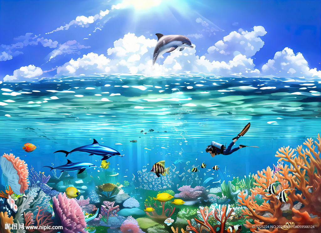 海底世界水彩画儿童背景墙