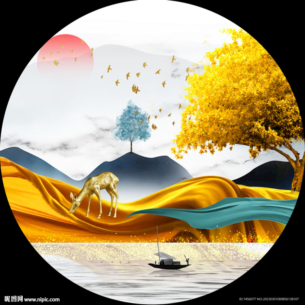 湖畔麋鹿发财树圆形挂画装饰画