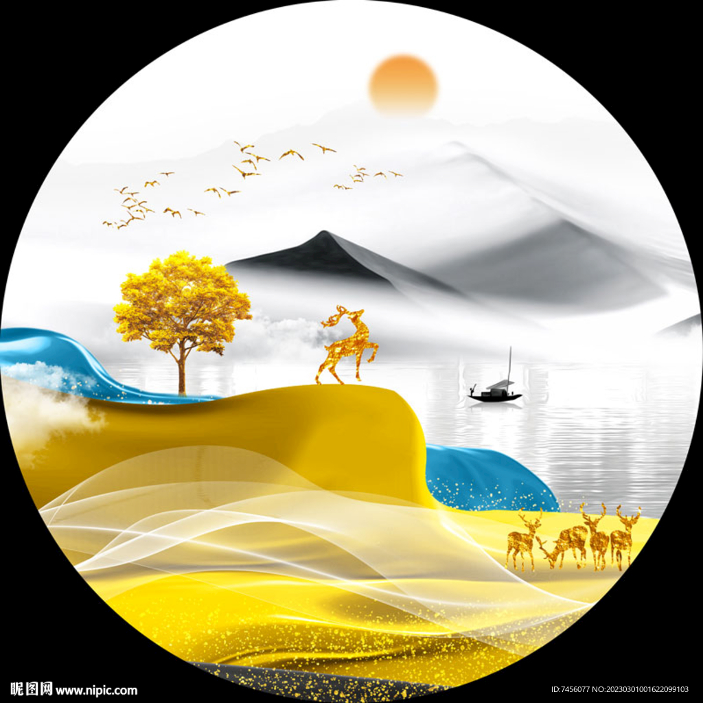 麋鹿水墨湖畔美景圆形挂画装饰画