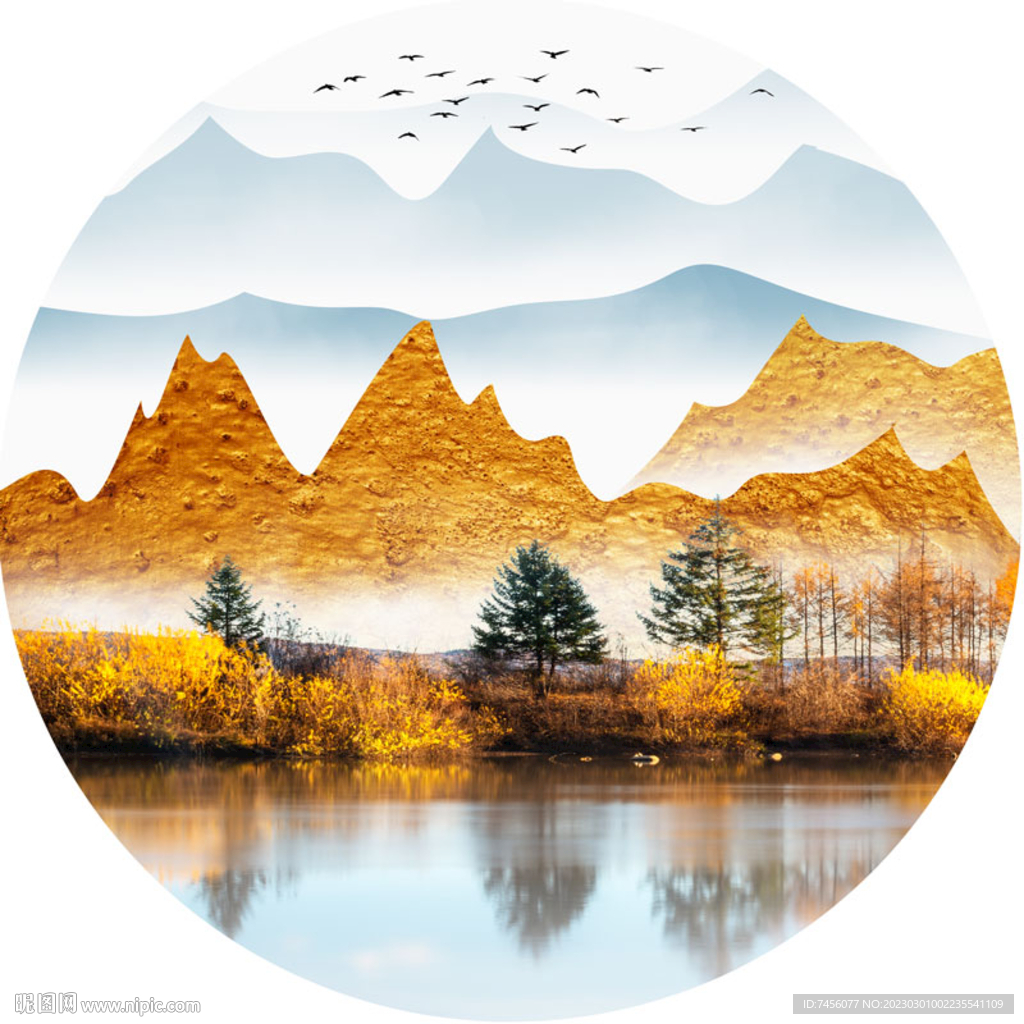 唯美湖畔山峦美景挂画装饰画