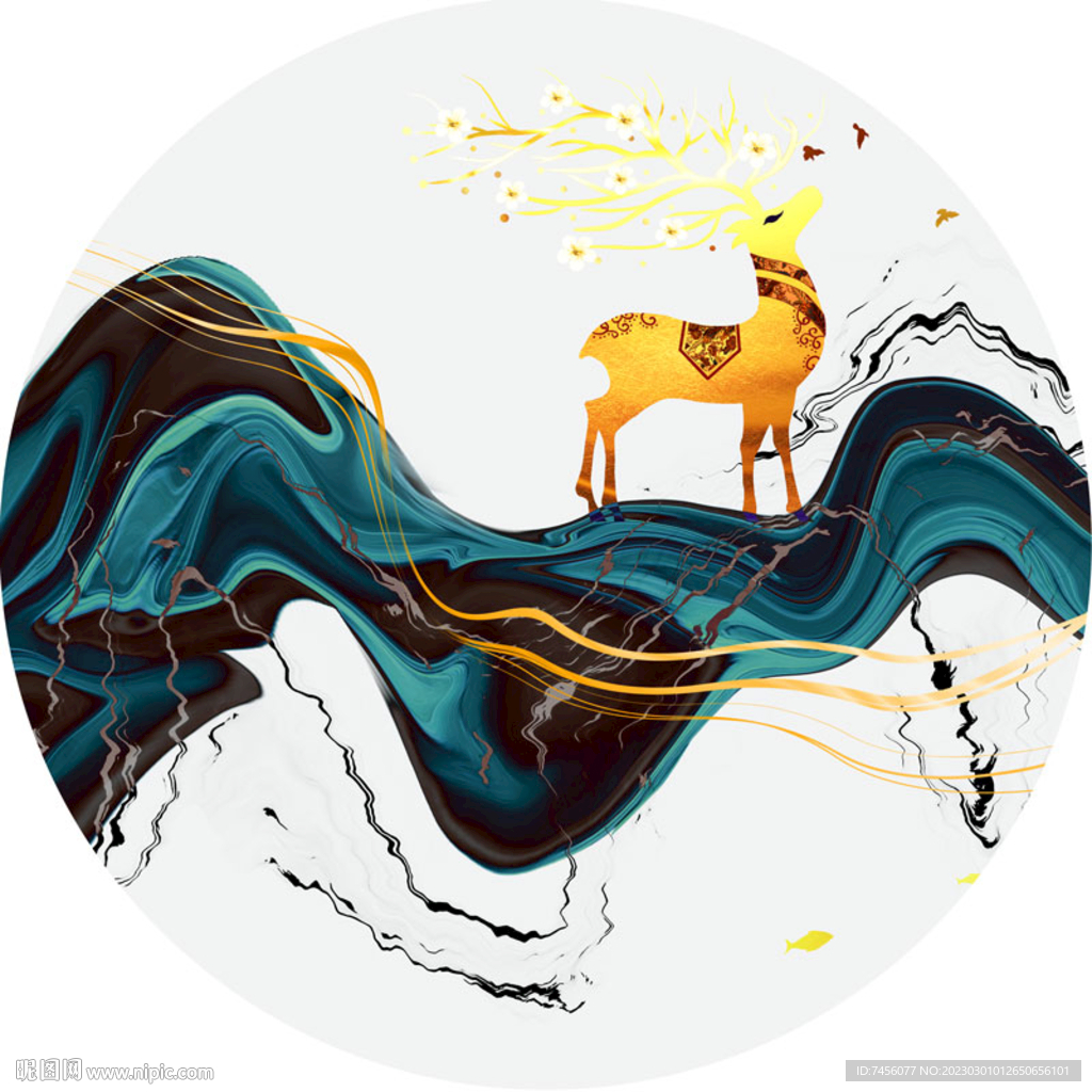 水彩麋鹿水墨圆形挂画装饰画