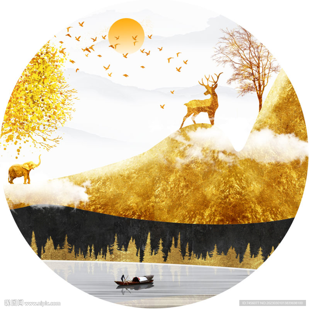 金箔山脉麋鹿发财树圆形挂画