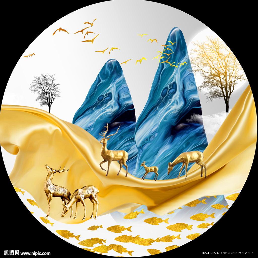 水墨山脉游鱼麋鹿圆形挂画装饰画