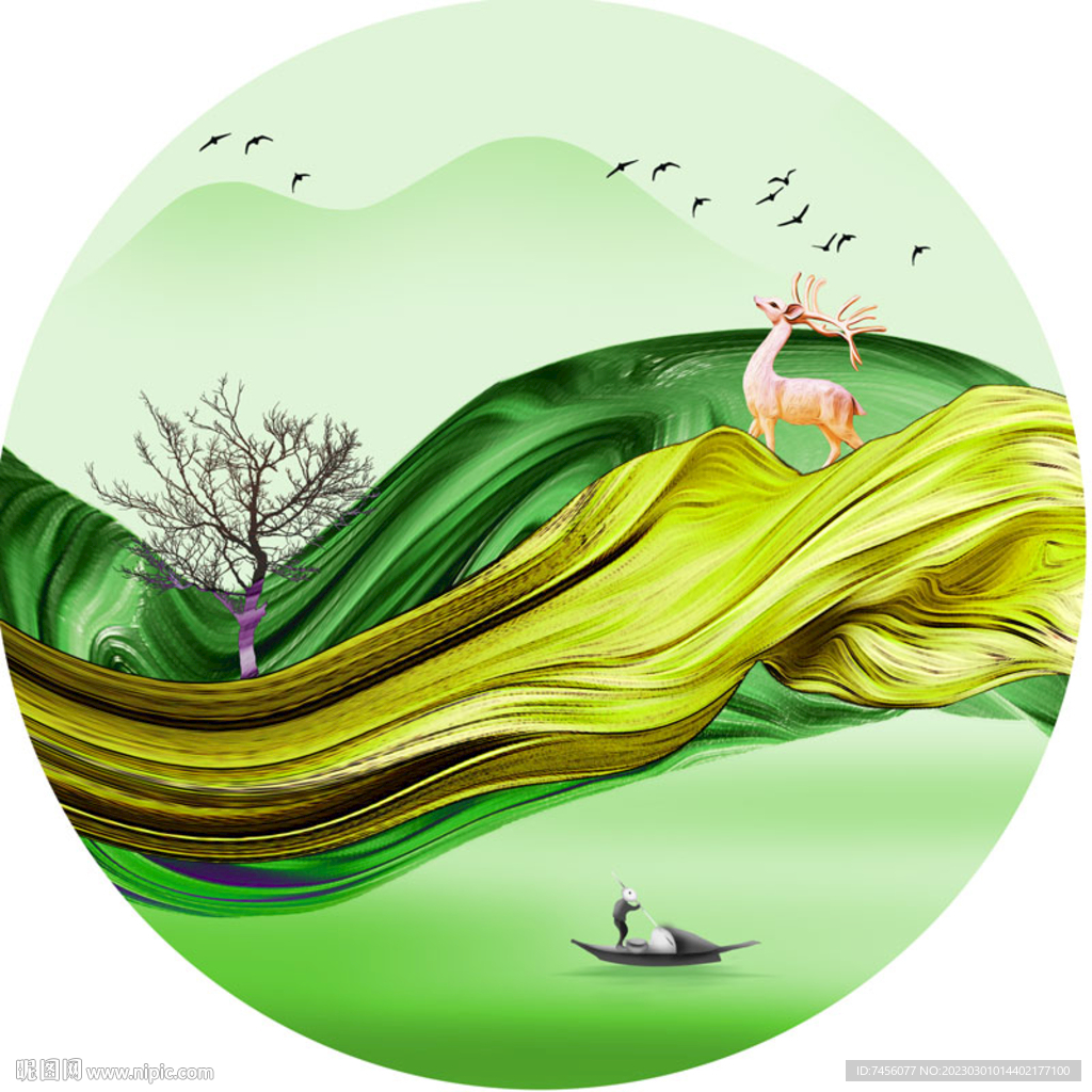 湖畔麋鹿唯美圆形挂画装饰画