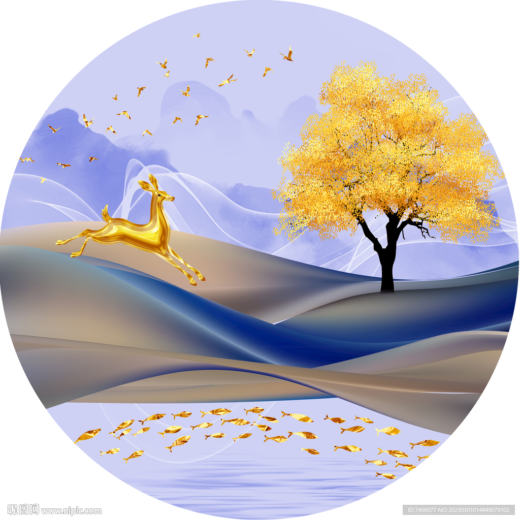 发财树麋鹿金箔游鱼圆形挂画