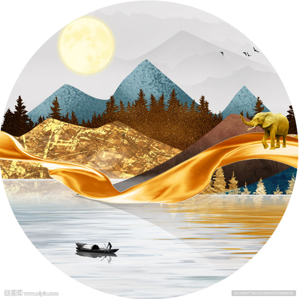 水墨湖畔山脉圆形挂画装饰画