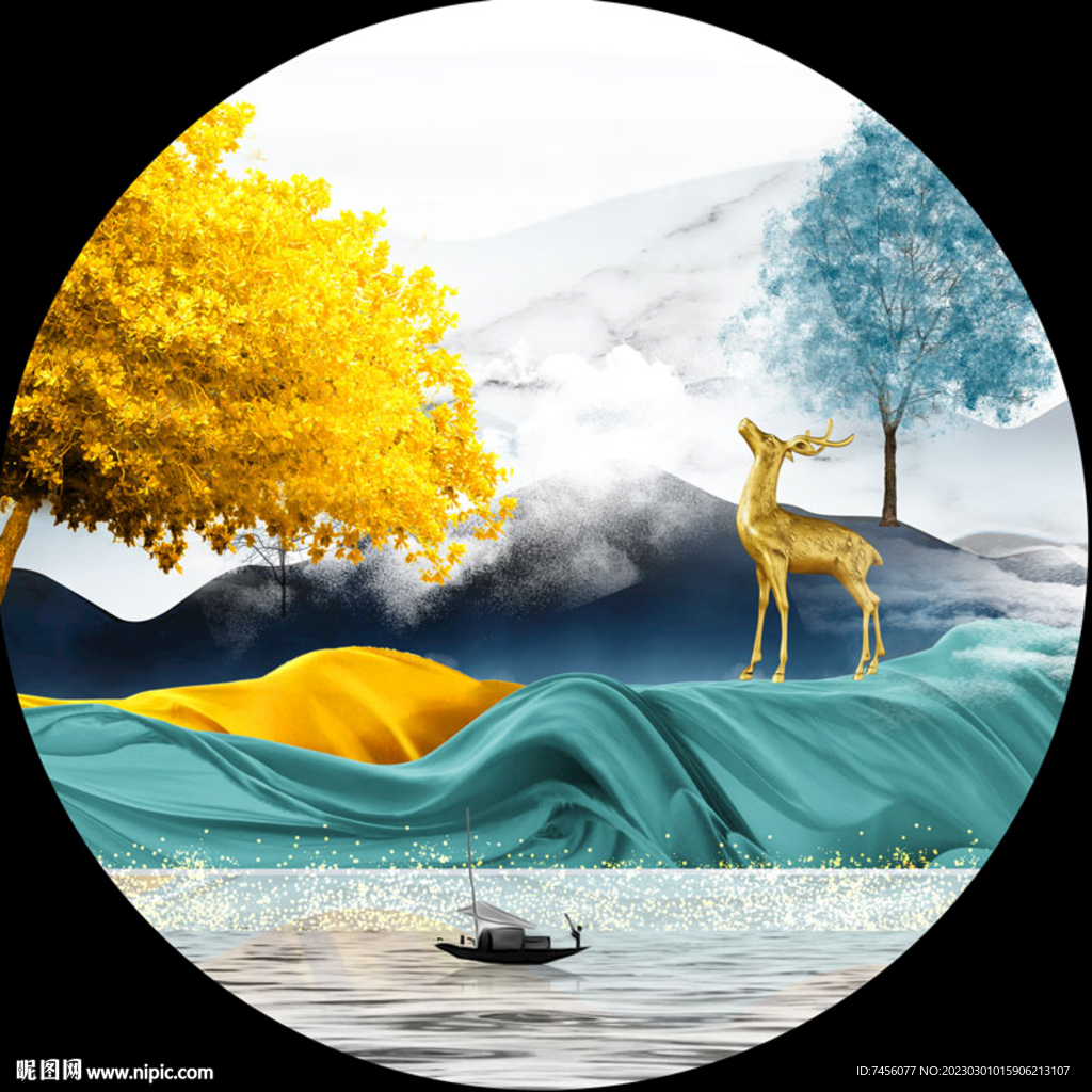 发财树麋鹿湖畔圆形挂画装饰画