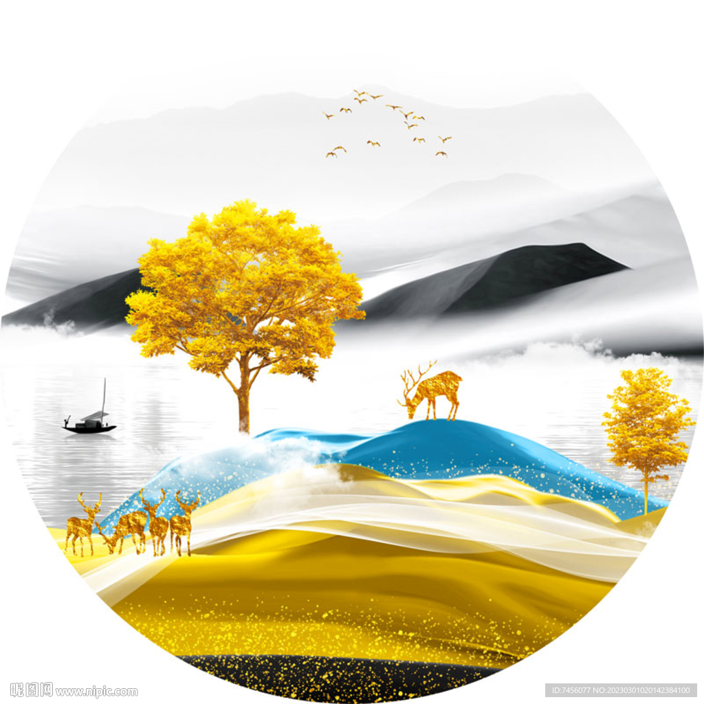 发财树水墨美景圆形挂画装饰画