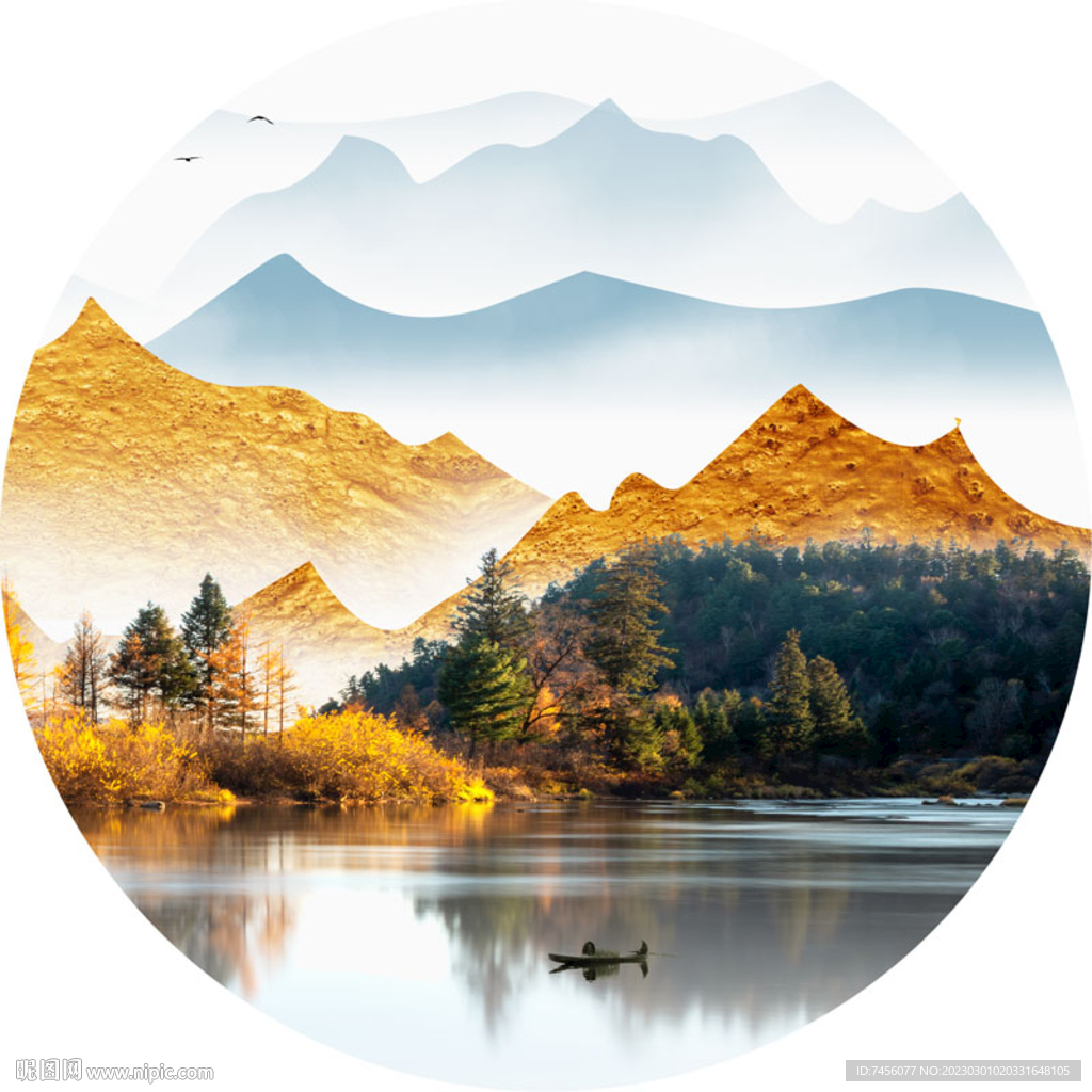 水墨湖畔山脉唯美圆形挂画装饰画