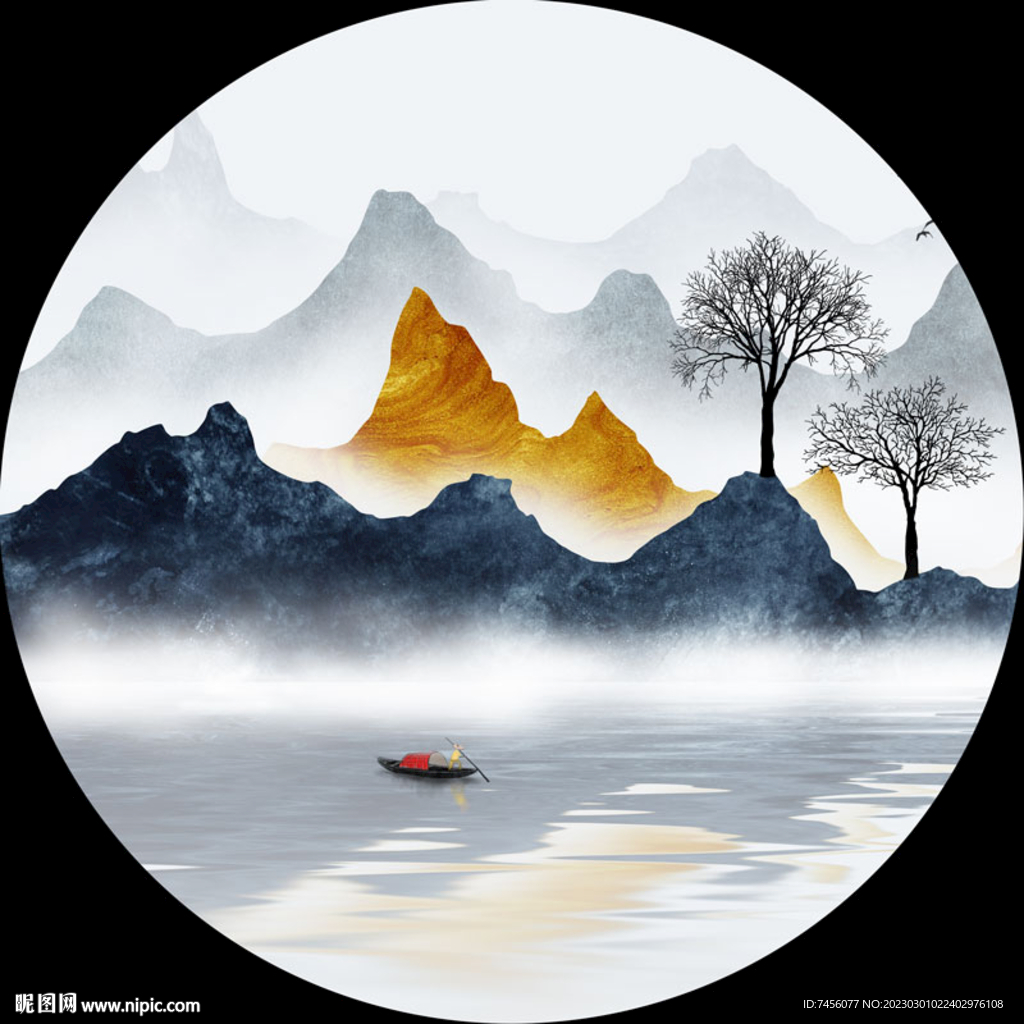 唯美湖畔水彩圆形挂画装饰画