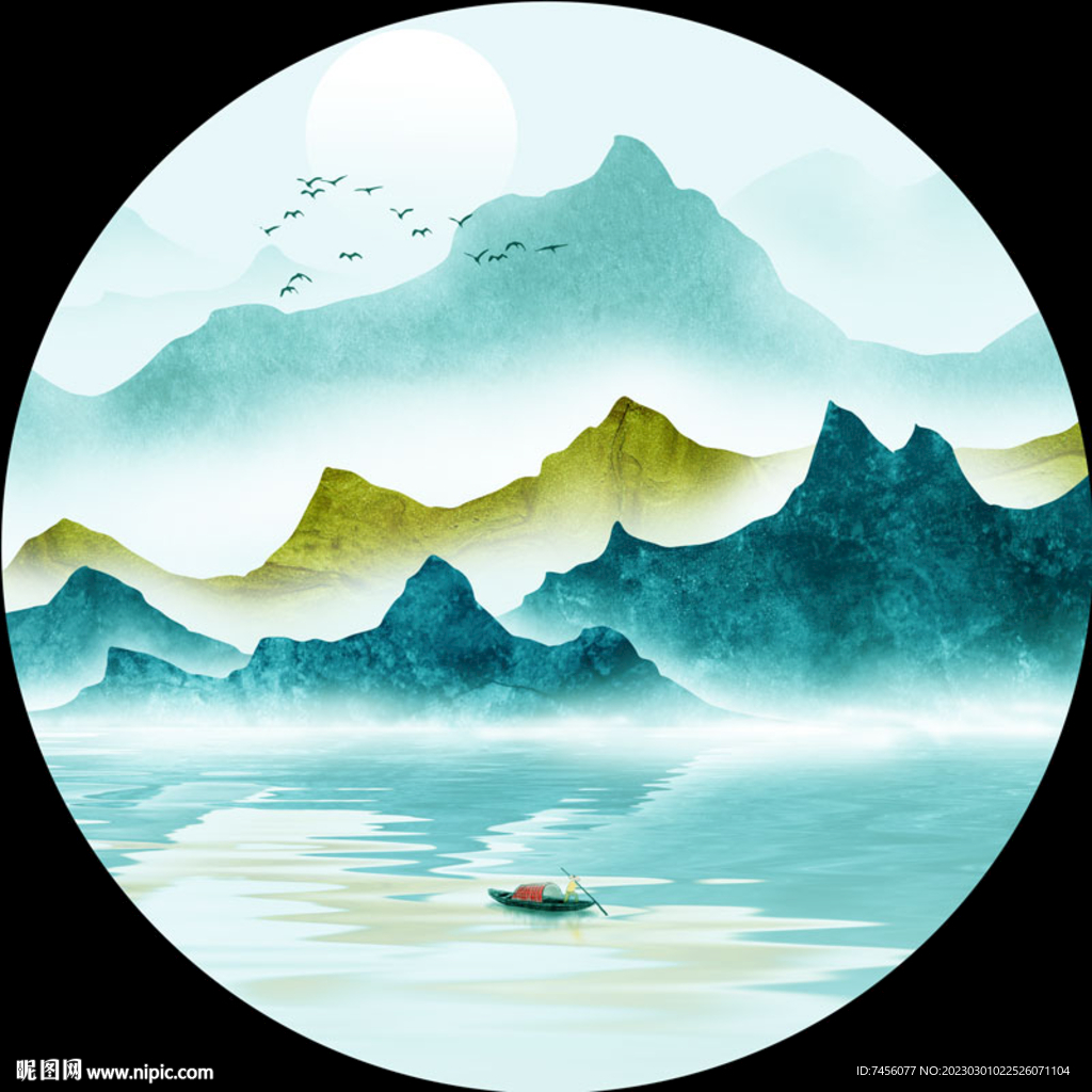 水墨山脉湖畔唯美圆形挂画装饰画
