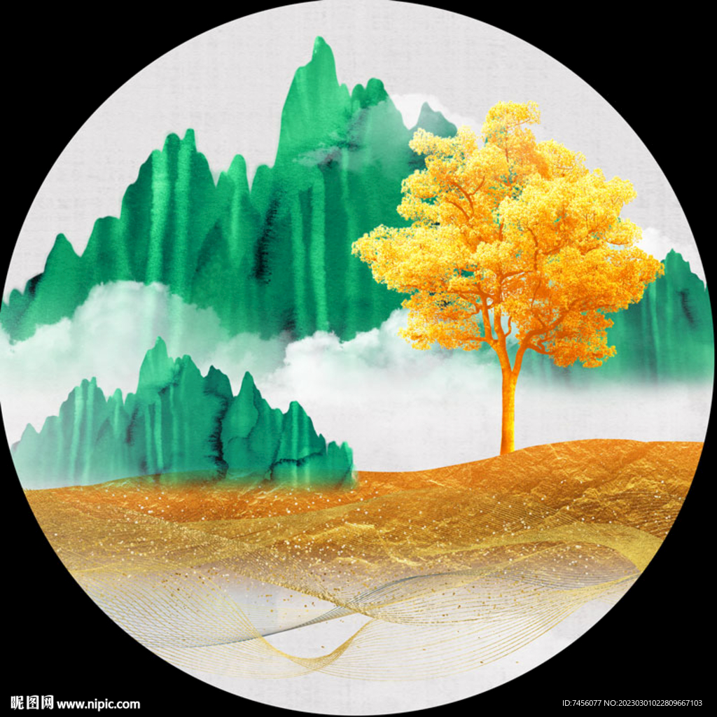 发财树水墨山脉圆形挂画装饰画