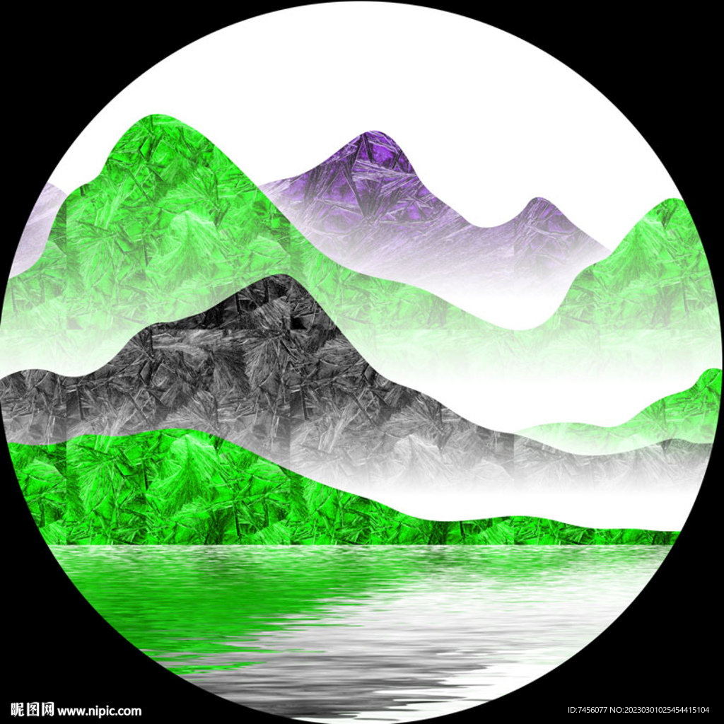 新中式水彩山脉圆形挂画装饰画