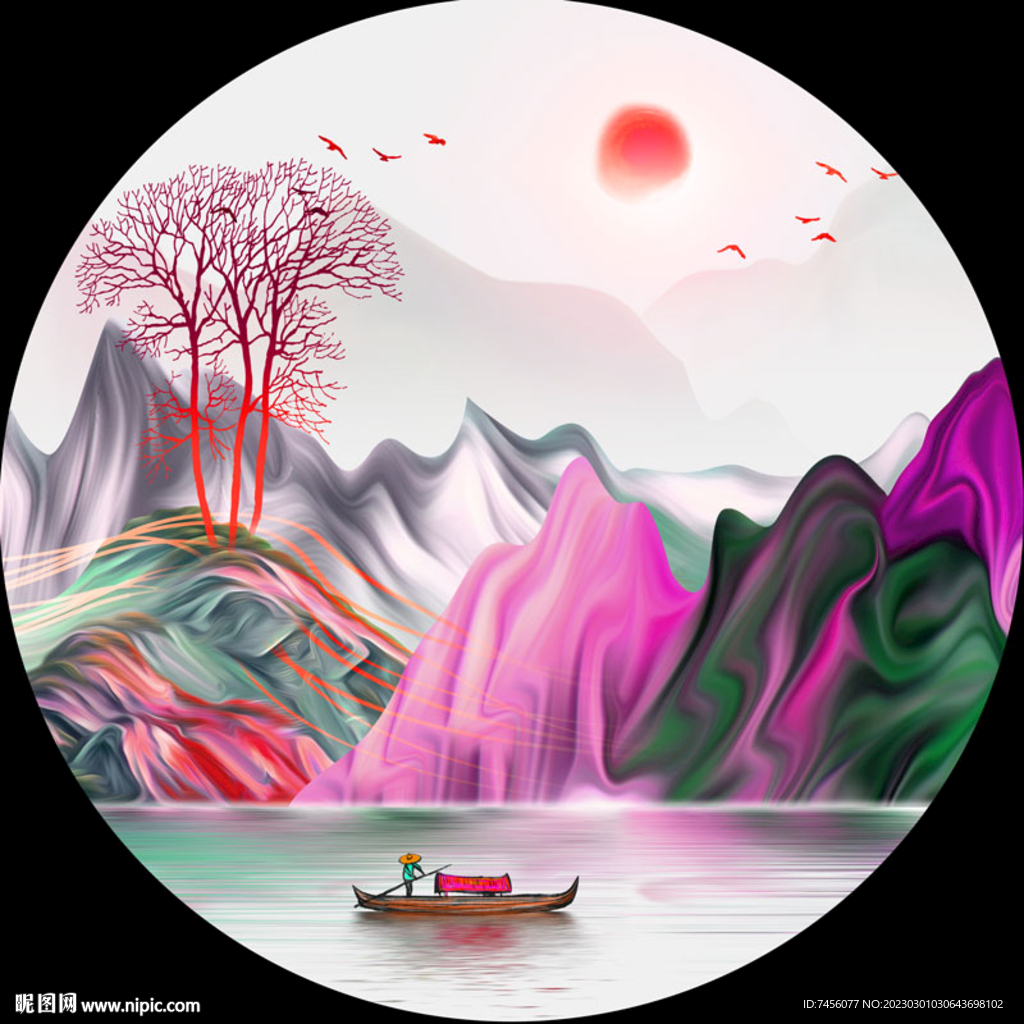 水彩山脉大树湖畔圆形挂画装饰画