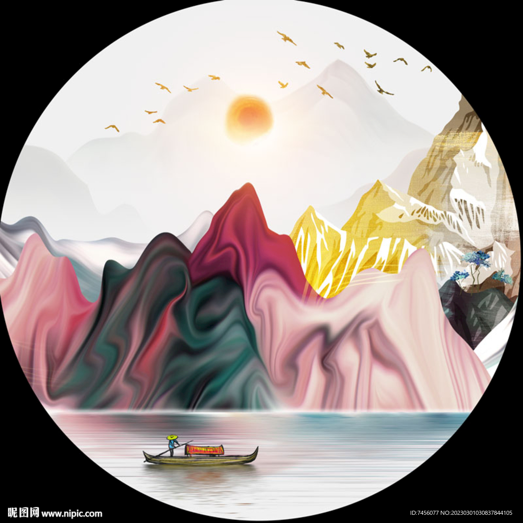 山水湖畔水彩圆形挂画装饰画