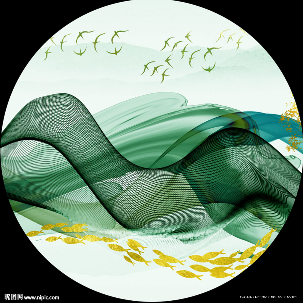 水墨山脉湖畔游鱼圆形挂画装饰画