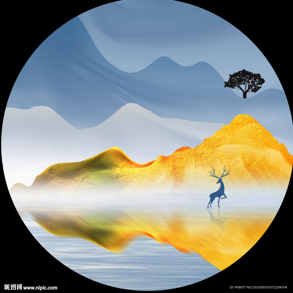 湖畔麋鹿唯美风景画圆形挂画