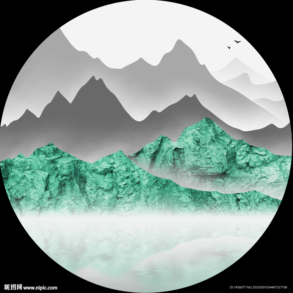 水墨山脉湖畔圆形挂画装饰画
