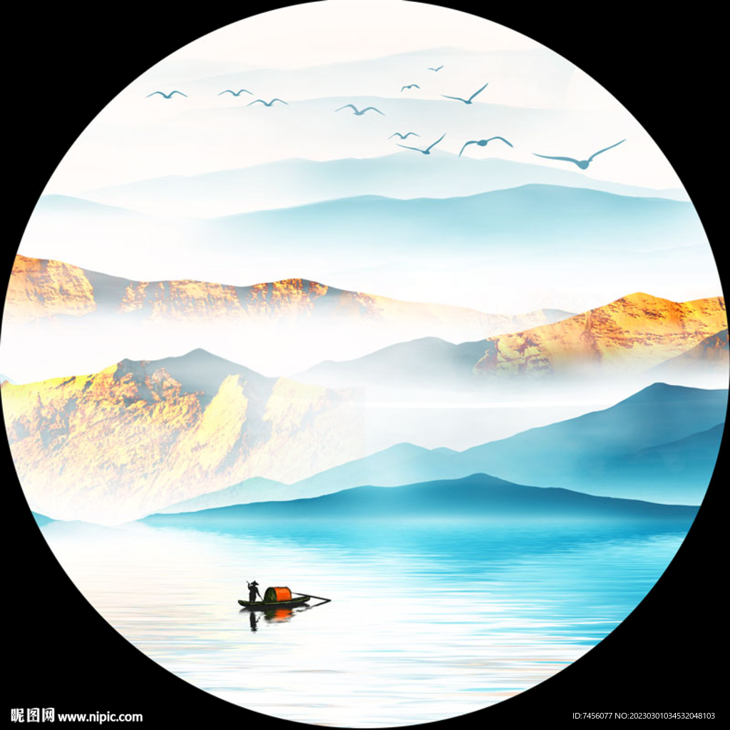 水墨连绵山脉圆形挂画装饰画
