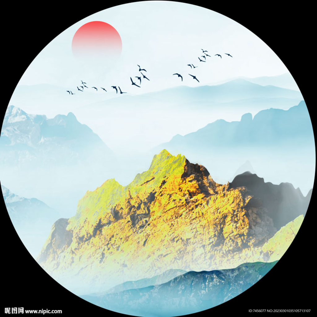 水墨山脉唯美圆形挂画装饰画