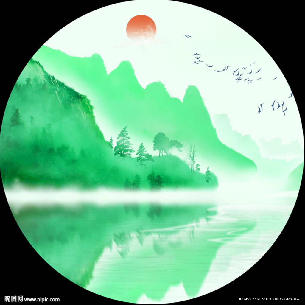 水墨湖畔绿色风景画圆形挂画