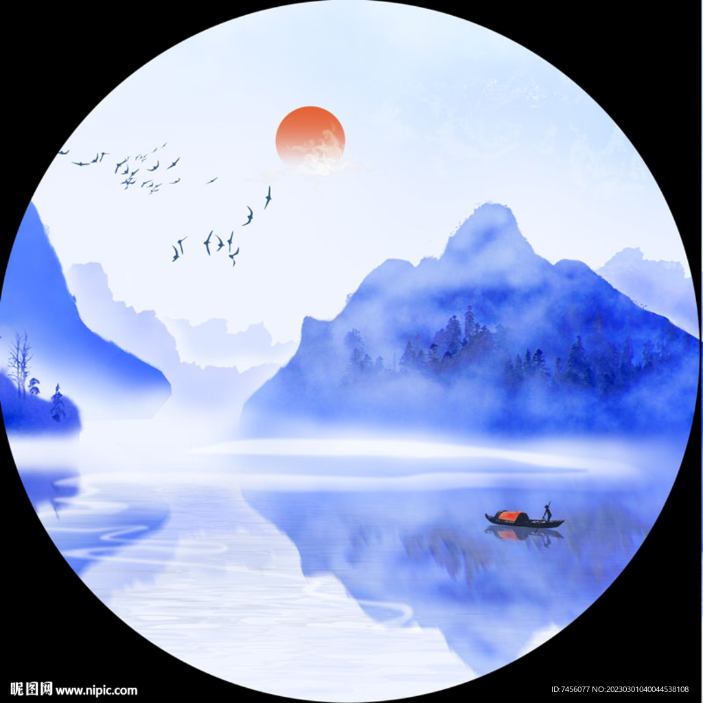 水墨湖畔山脉圆形挂画装饰画