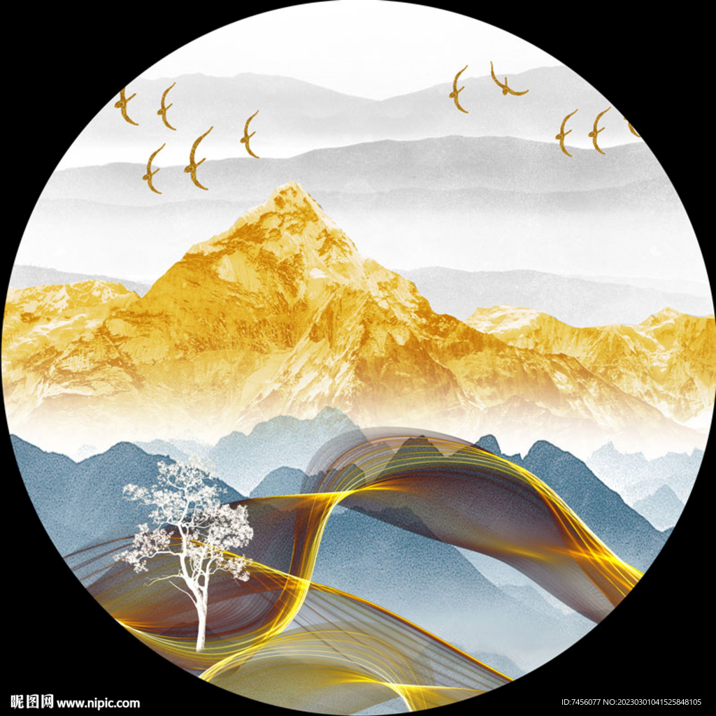 水彩金箔山脉水墨圆形挂画装饰画