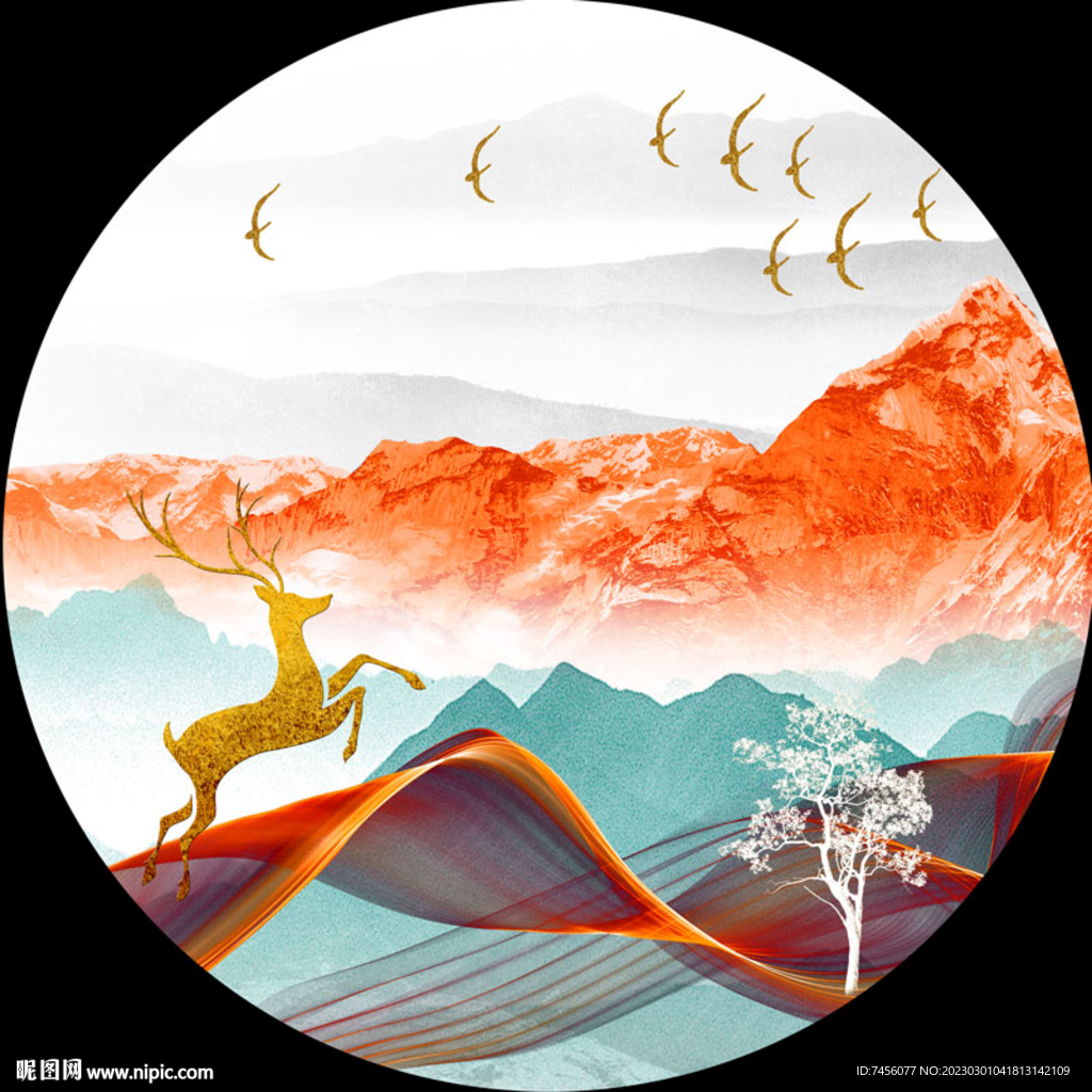 飞鸟麋鹿山脉圆形挂画装饰画