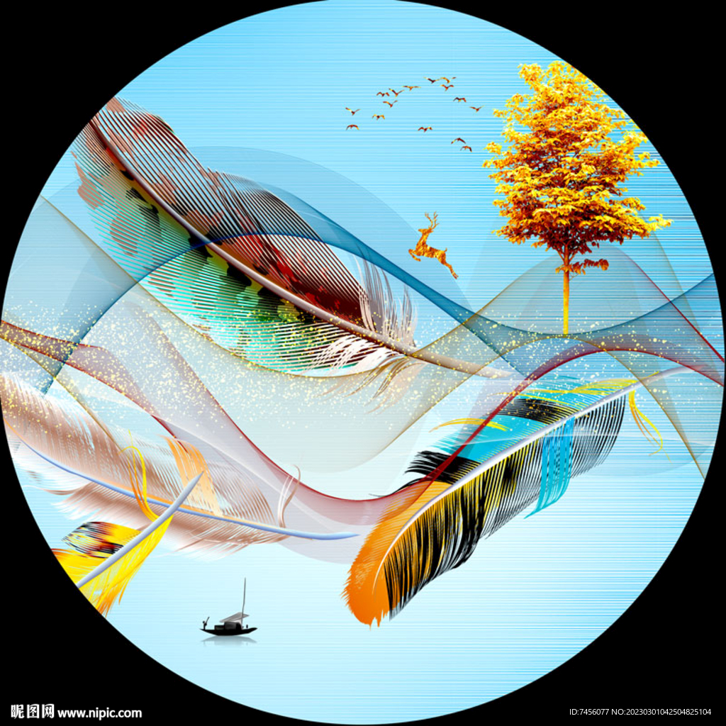 水彩羽毛发财树圆形挂画装饰画