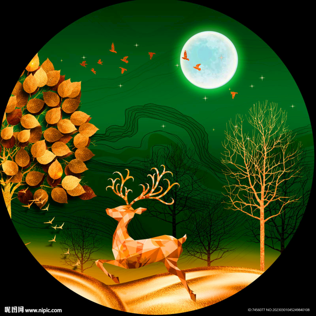 明月麋鹿水彩圆形挂画装饰画