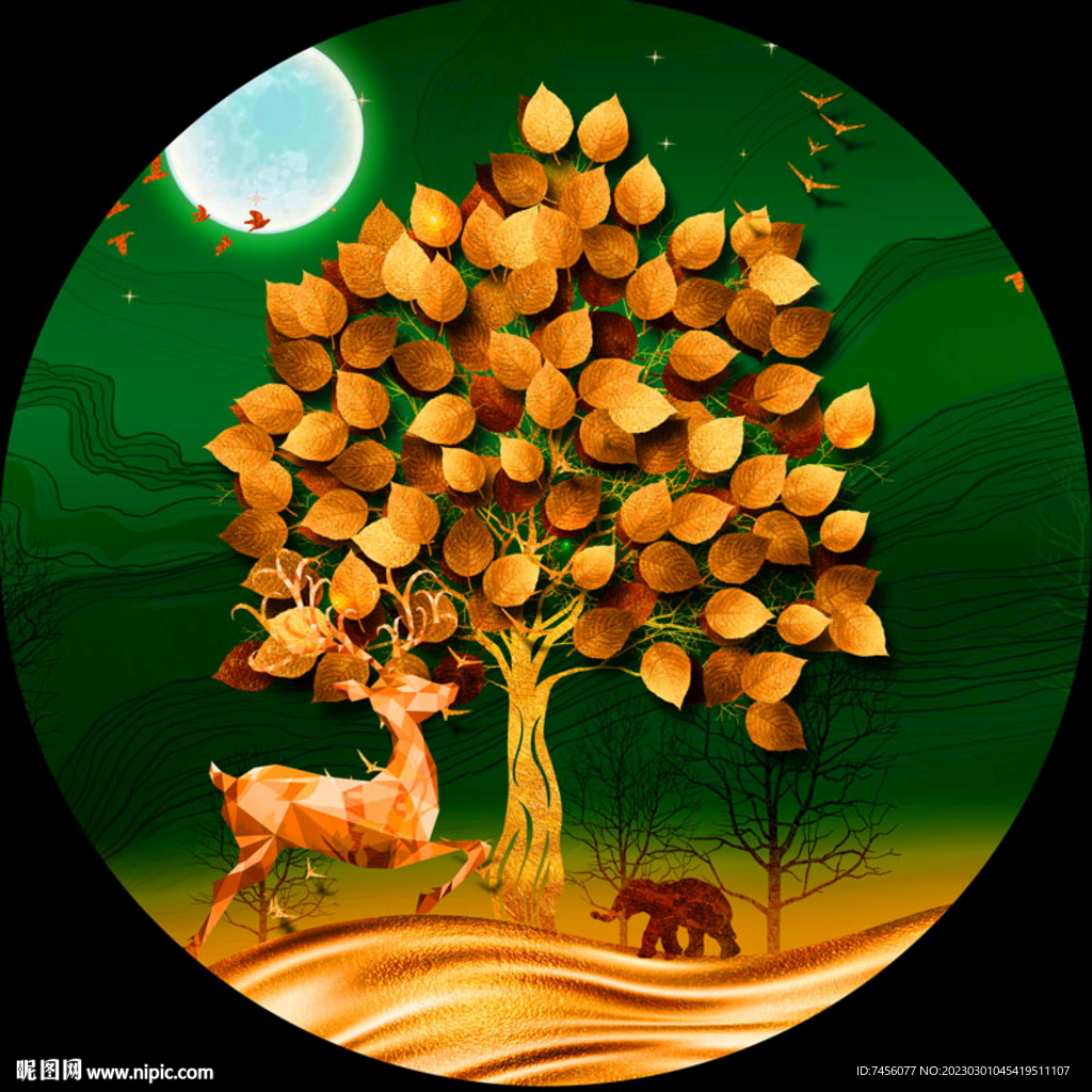 发财树麋鹿圆形挂画装饰画