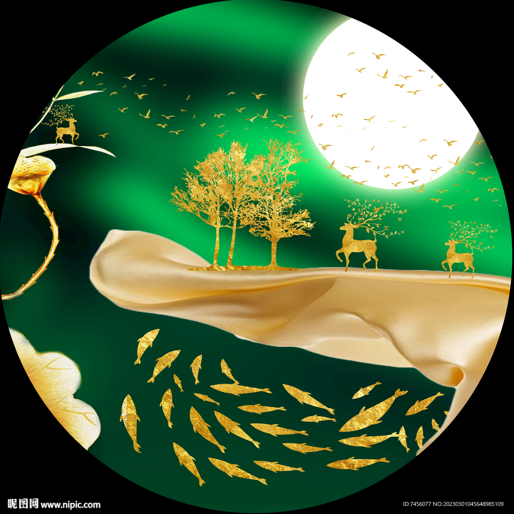 金箔游鱼麋鹿圆形挂画装饰画