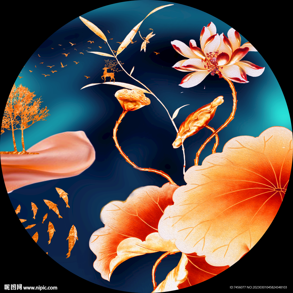 莲花游鱼水彩圆形挂画装饰画