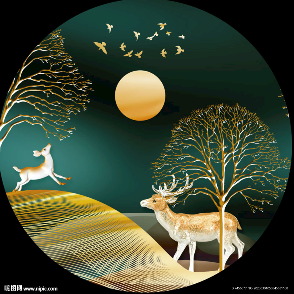 水彩麋鹿圆形挂画装饰画