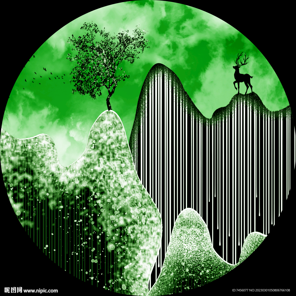 山脉麋鹿水彩绿圆形挂画装饰画